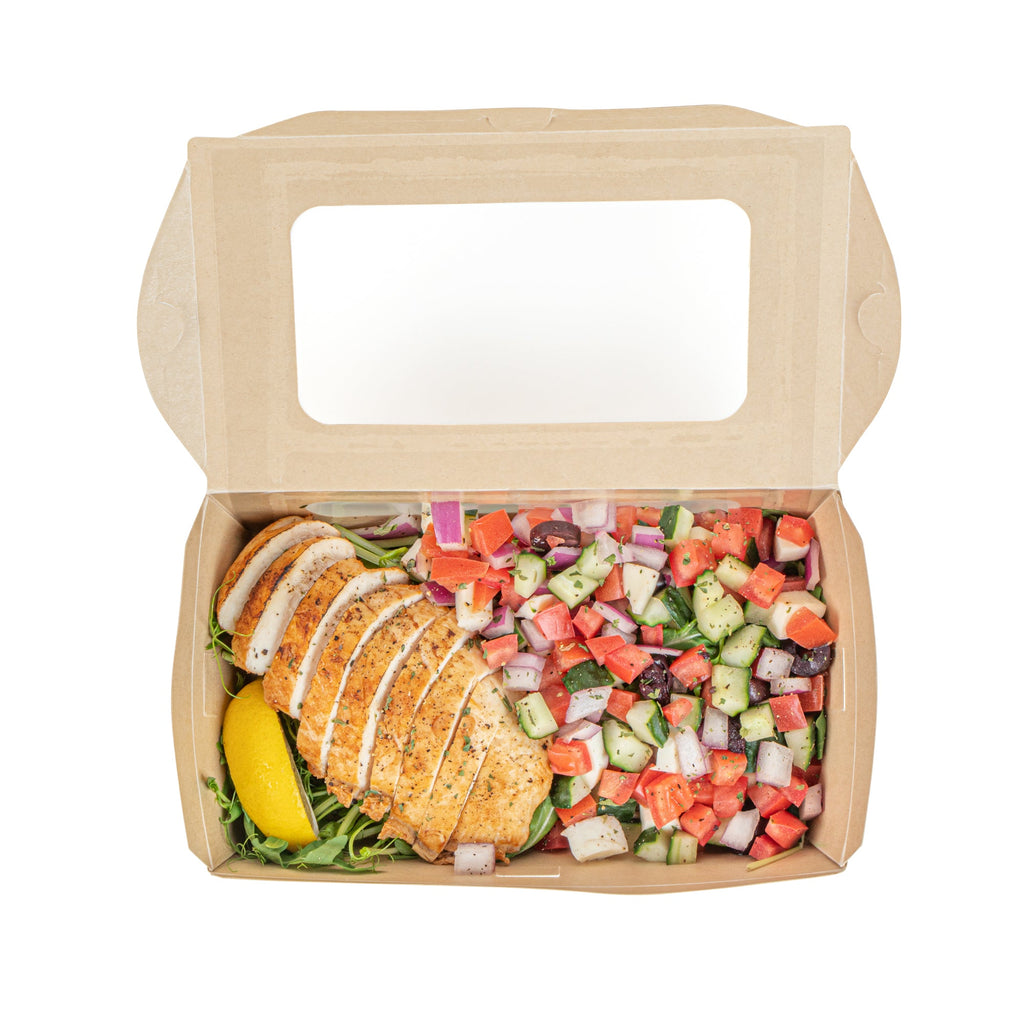 Sustain 35 oz Bamboo Paper Medium Bio Take Out Container - with PLA Lining and Windows, Compostable - 8" x 4 3/4" x 2" - 50 count box