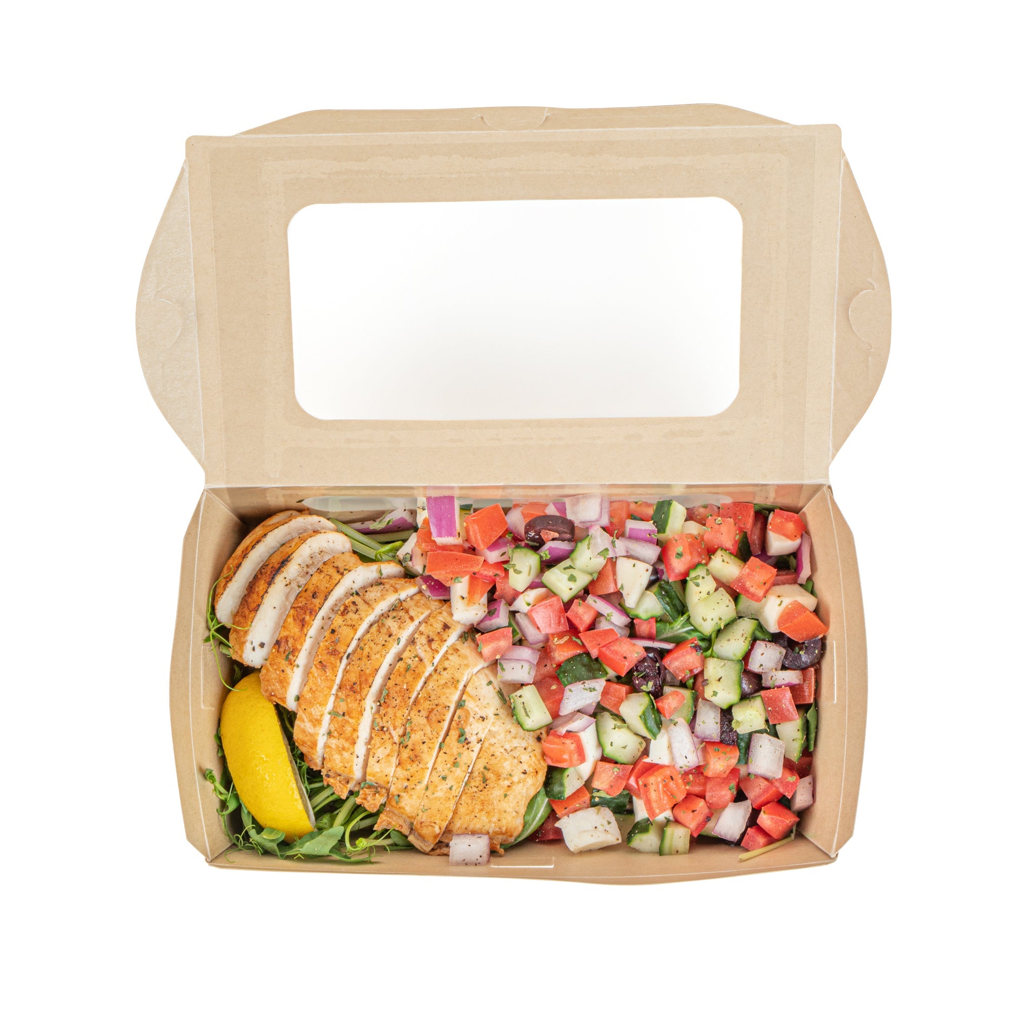 Sustain 35 oz Bamboo Paper Medium Bio Take Out Container - with PLA Lining and Windows, Compostable - 8" x 4 3/4" x 2" - 50 count box