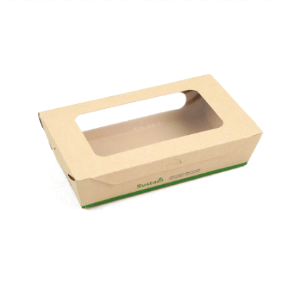 Sustain 35 oz Bamboo Paper Medium Bio Take Out Container - with PLA Lining and Windows, Compostable - 8" x 4 3/4" x 2" - 50 count box