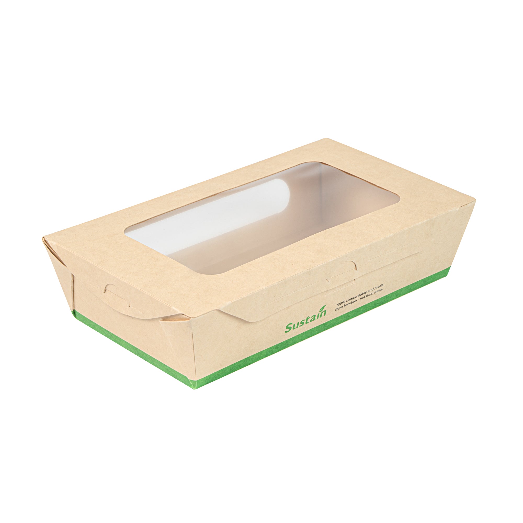 Sustain 35 oz Bamboo Paper Medium Bio Take Out Container - with PLA Lining and Windows, Compostable - 8" x 4 3/4" x 2" - 50 count box