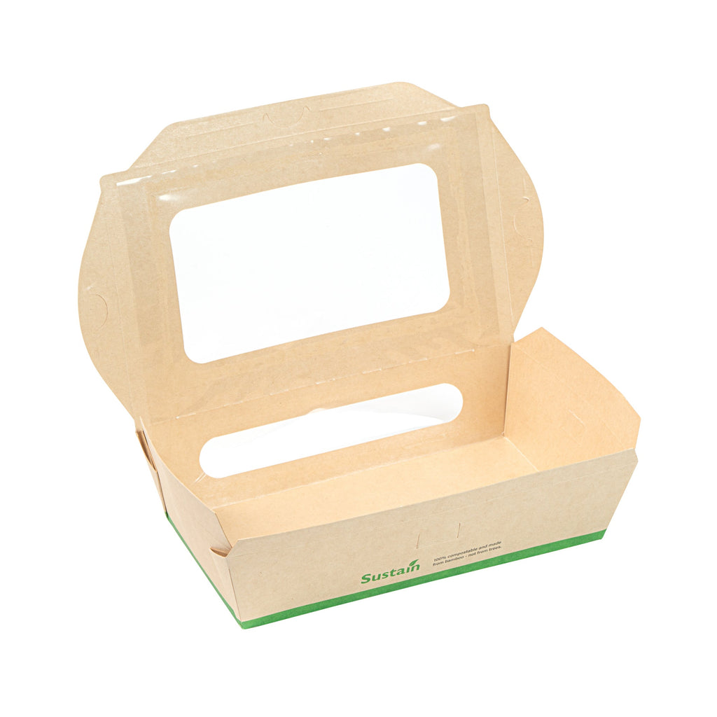 Sustain 35 oz Bamboo Paper Medium Bio Take Out Container - with PLA Lining and Windows, Compostable - 8" x 4 3/4" x 2" - 50 count box