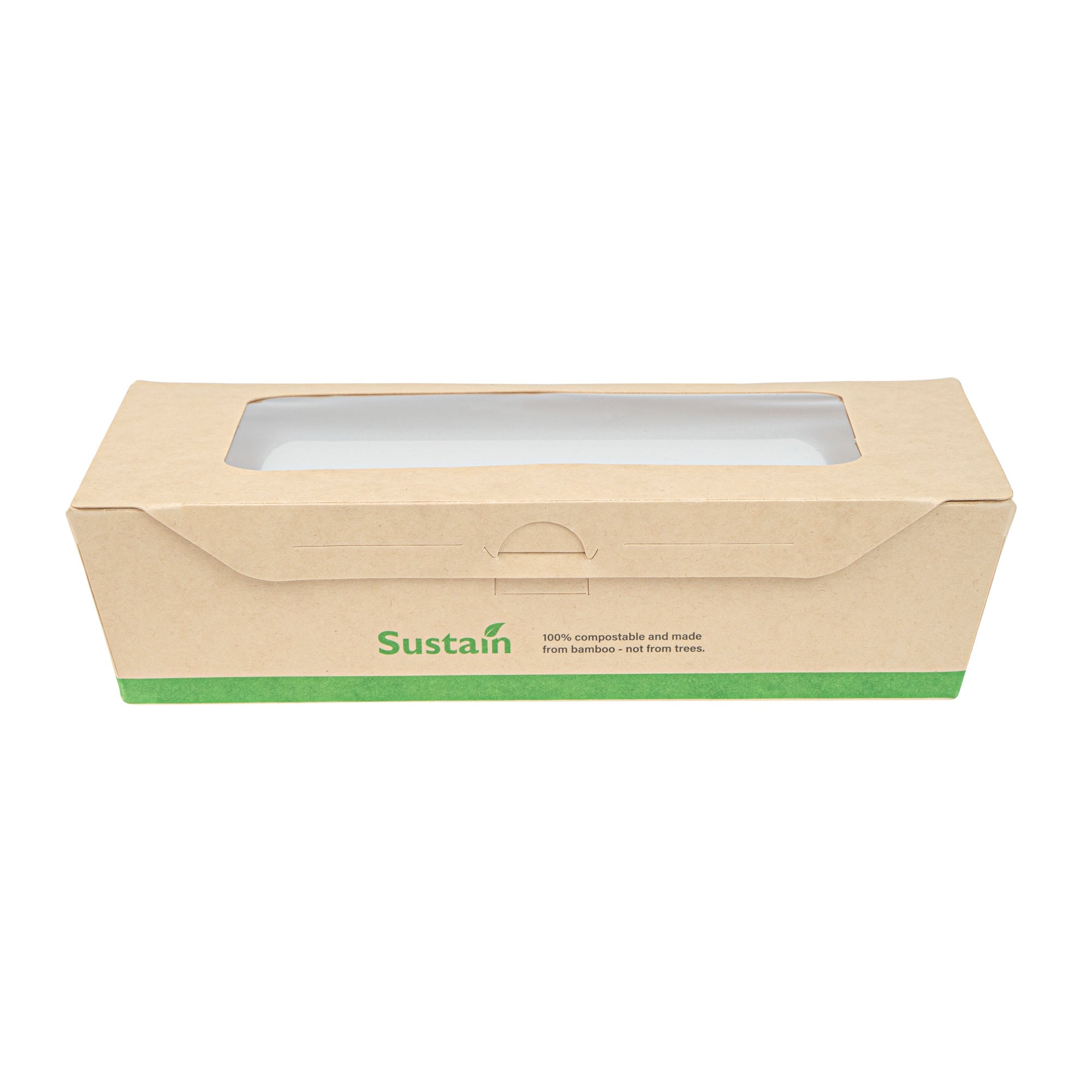 Sustain 35 oz Bamboo Paper Medium Bio Take Out Container - with PLA Lining and Windows, Compostable - 8" x 4 3/4" x 2" - 50 count box