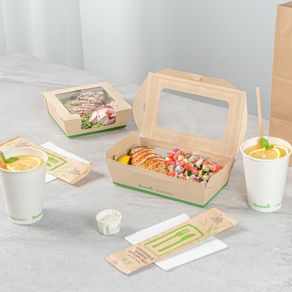 Sustain 35 oz Bamboo Paper Medium Bio Take Out Container - with PLA Lining and Windows, Compostable - 8" x 4 3/4" x 2" - 50 count box