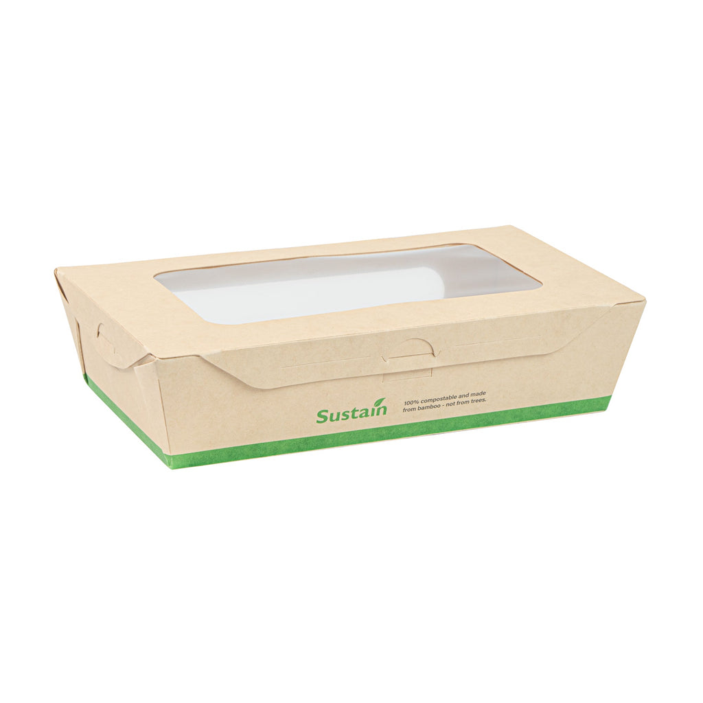 Sustain 35 oz Bamboo Paper Medium Bio Take Out Container - with PLA Lining and Windows, Compostable - 8" x 4 3/4" x 2" - 200 count box
