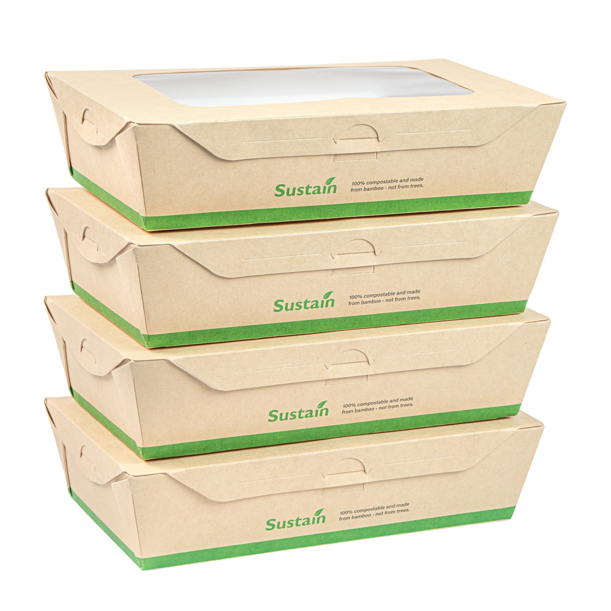 Sustain 35 oz Bamboo Paper Medium Bio Take Out Container - with PLA Lining and Windows, Compostable - 8" x 4 3/4" x 2" - 200 count box