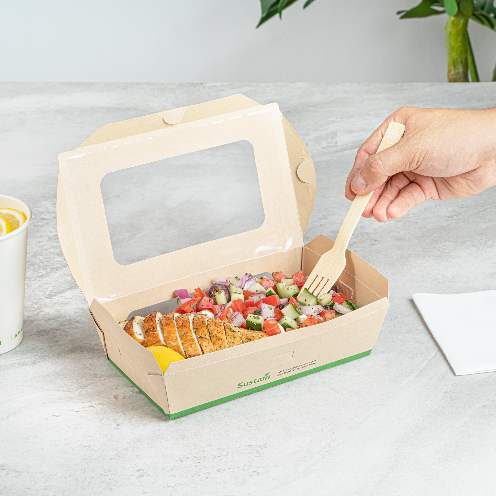 Sustain 35 oz Bamboo Paper Medium Bio Take Out Container - with PLA Lining and Windows, Compostable - 8" x 4 3/4" x 2" - 200 count box