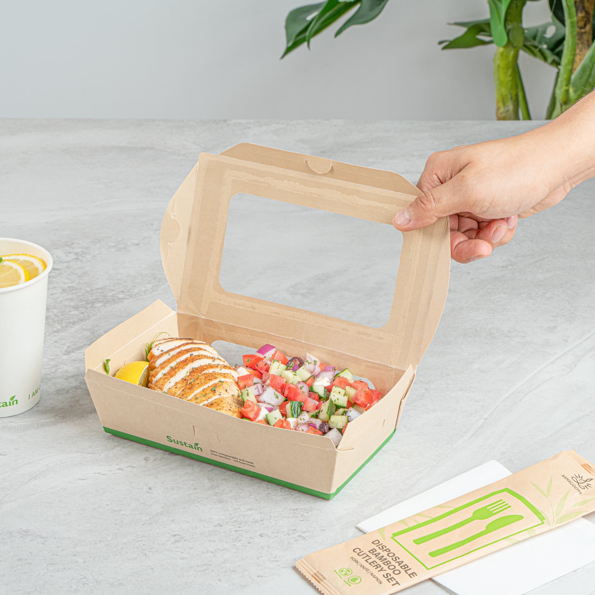 Sustain 35 oz Bamboo Paper Medium Bio Take Out Container - with PLA Lining and Windows, Compostable - 8" x 4 3/4" x 2" - 200 count box