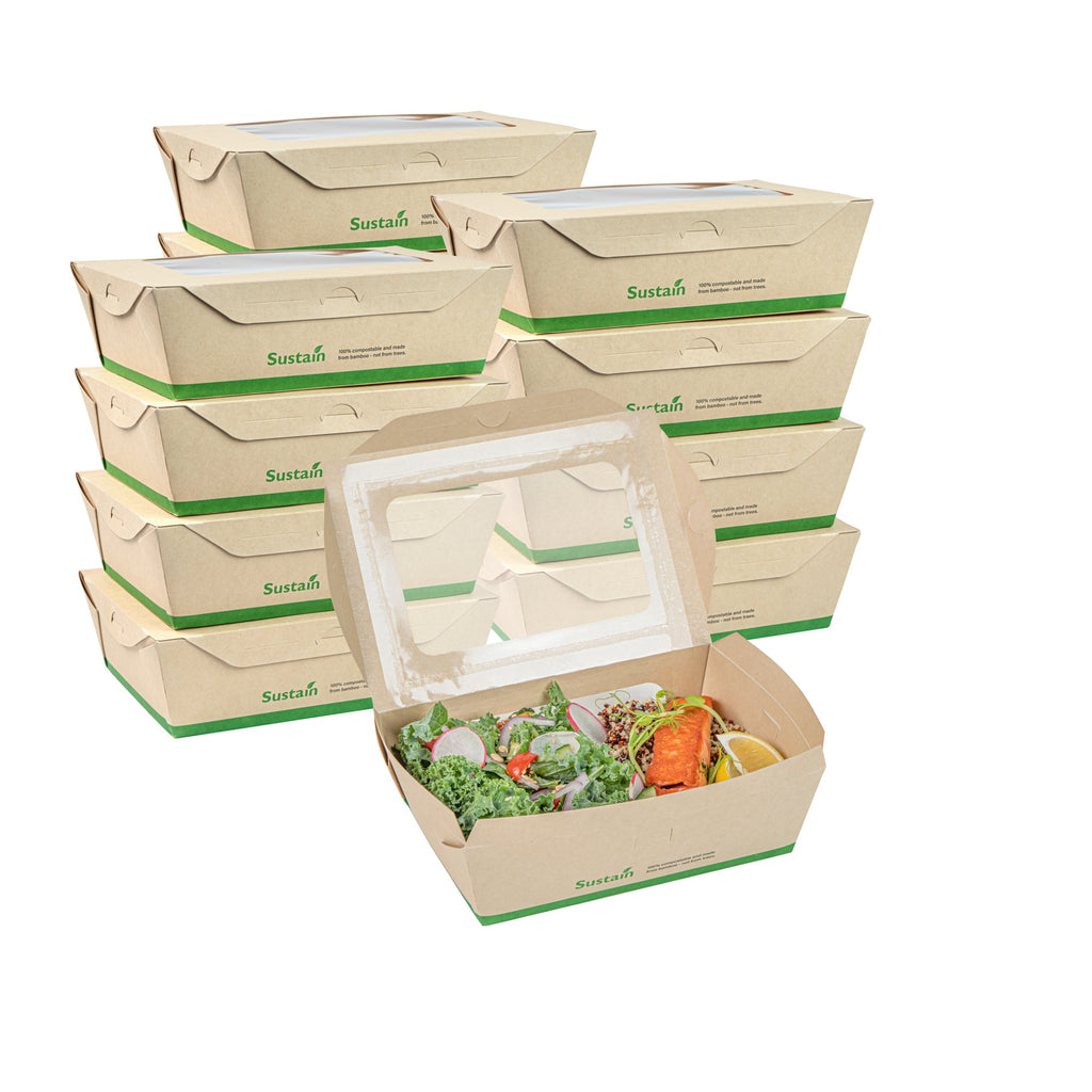 Sustain 57 oz Bamboo Paper Extra Large Bio Take Out Container - with PLA Lining, Windows, Compostable - 8" x 5 1/2" x 2 1/2" - 200 count box