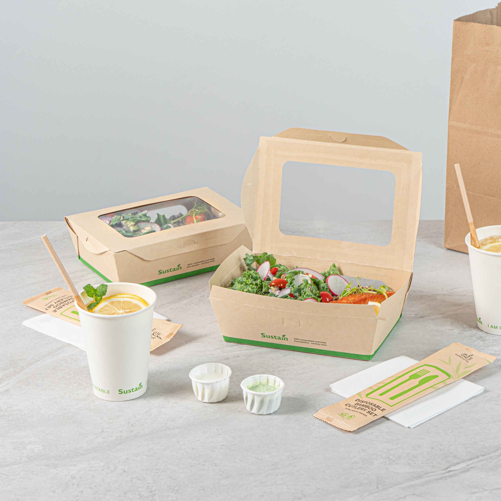 Sustain 57 oz Bamboo Paper Extra Large Bio Take Out Container - with PLA Lining, Windows, Compostable - 8" x 5 1/2" x 2 1/2" - 200 count box