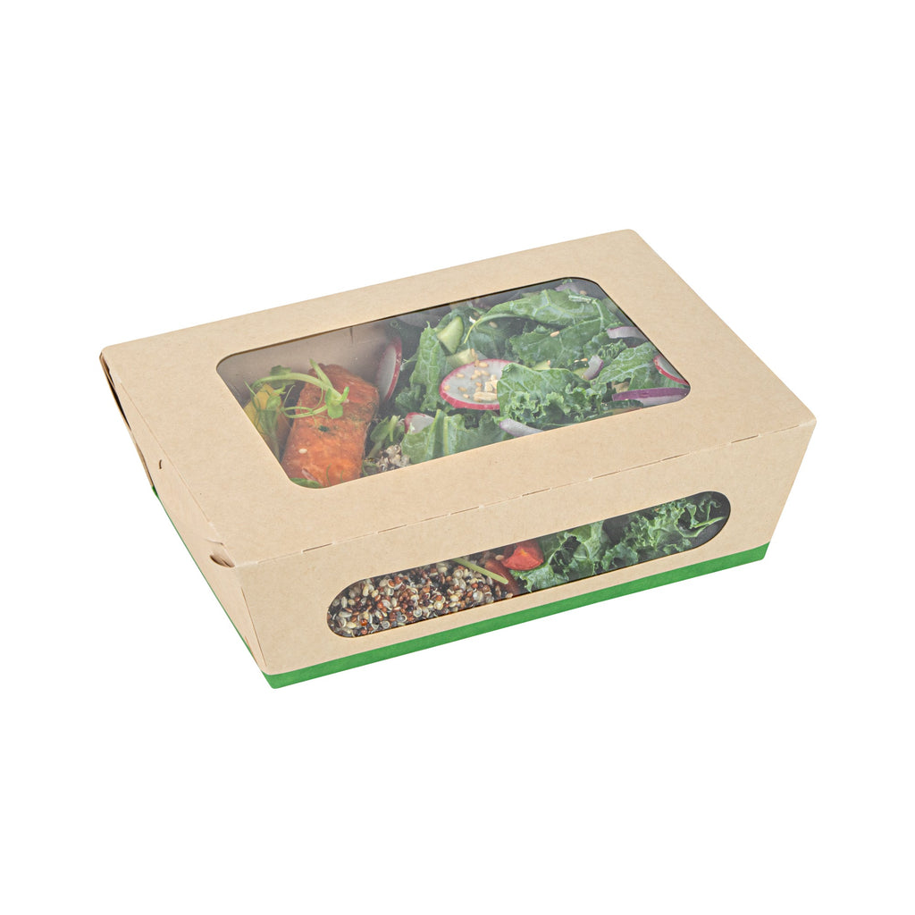Sustain 57 oz Bamboo Paper Extra Large Bio Take Out Container - with PLA Lining, Windows, Compostable - 8" x 5 1/2" x 2 1/2" - 50 count box