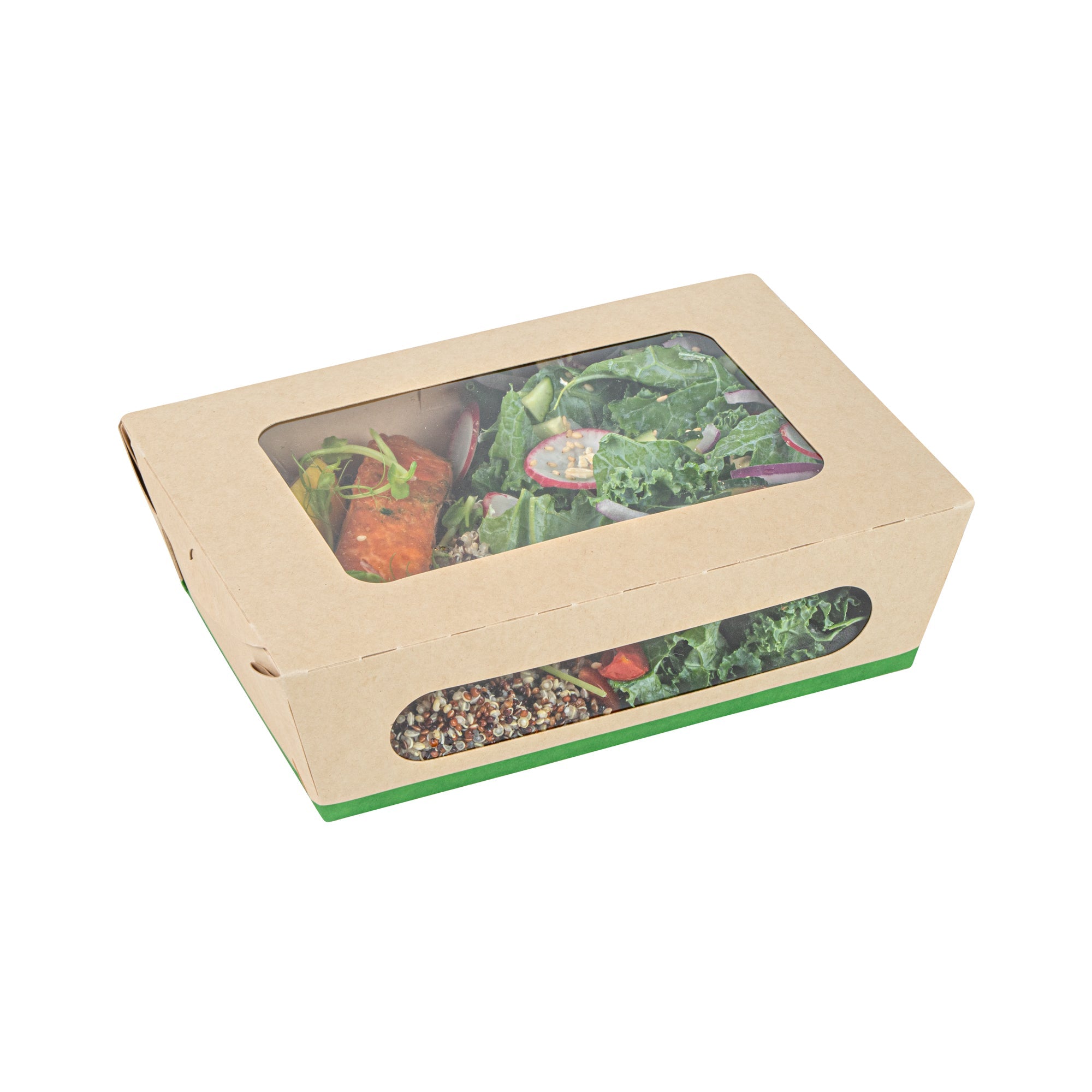 Sustain 57 oz Bamboo Paper Extra Large Bio Take Out Container - with PLA Lining, Windows, Compostable - 8" x 5 1/2" x 2 1/2" - 50 count box
