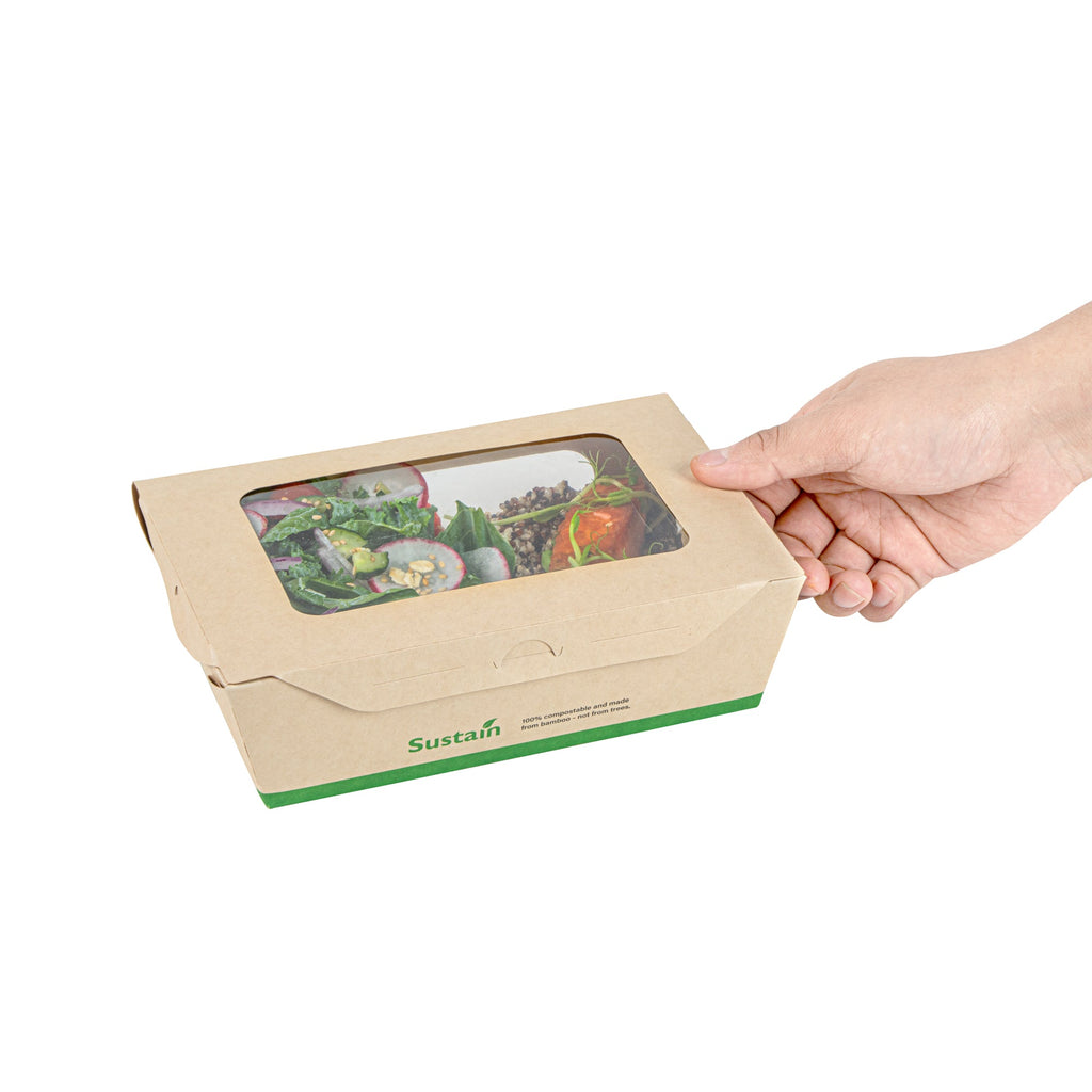 Sustain 57 oz Bamboo Paper Extra Large Bio Take Out Container - with PLA Lining, Windows, Compostable - 8" x 5 1/2" x 2 1/2" - 50 count box