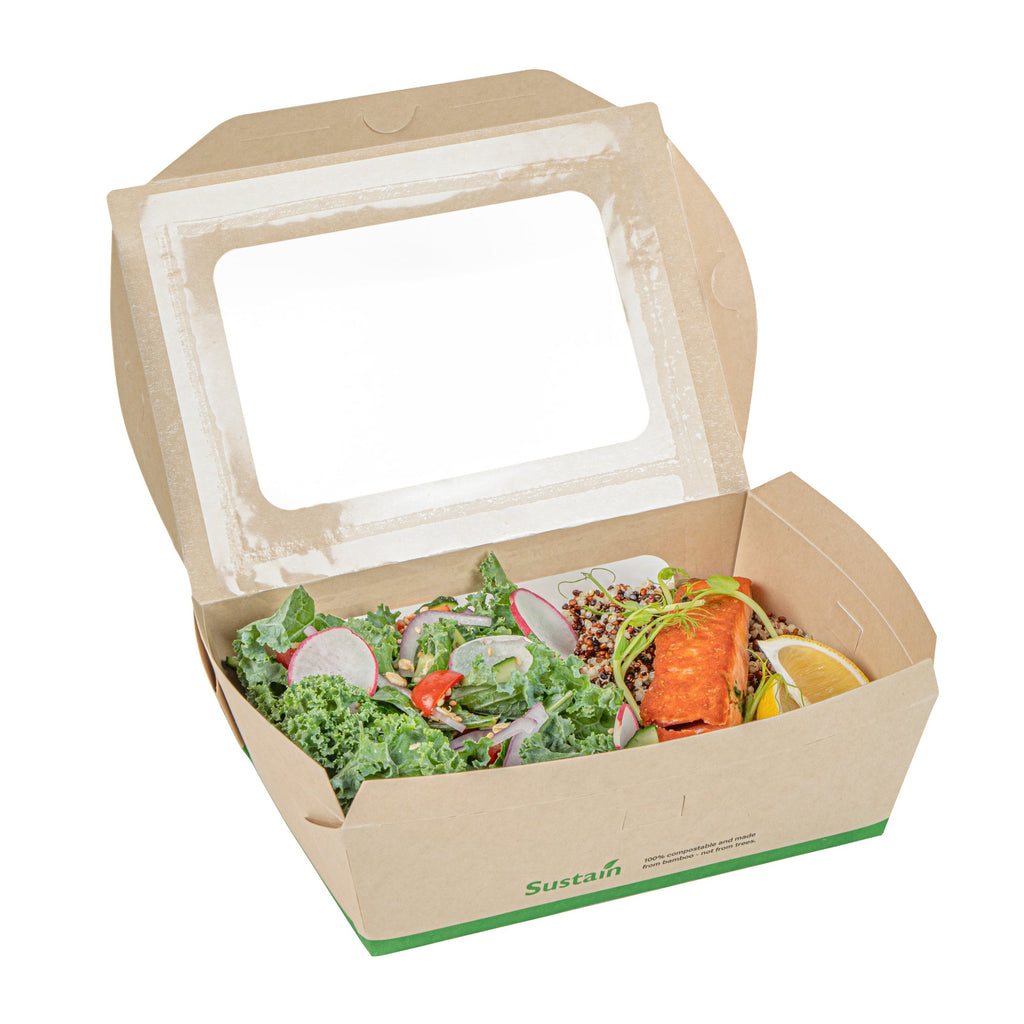 Sustain 57 oz Bamboo Paper Extra Large Bio Take Out Container - with PLA Lining, Windows, Compostable - 8" x 5 1/2" x 2 1/2" - 50 count box