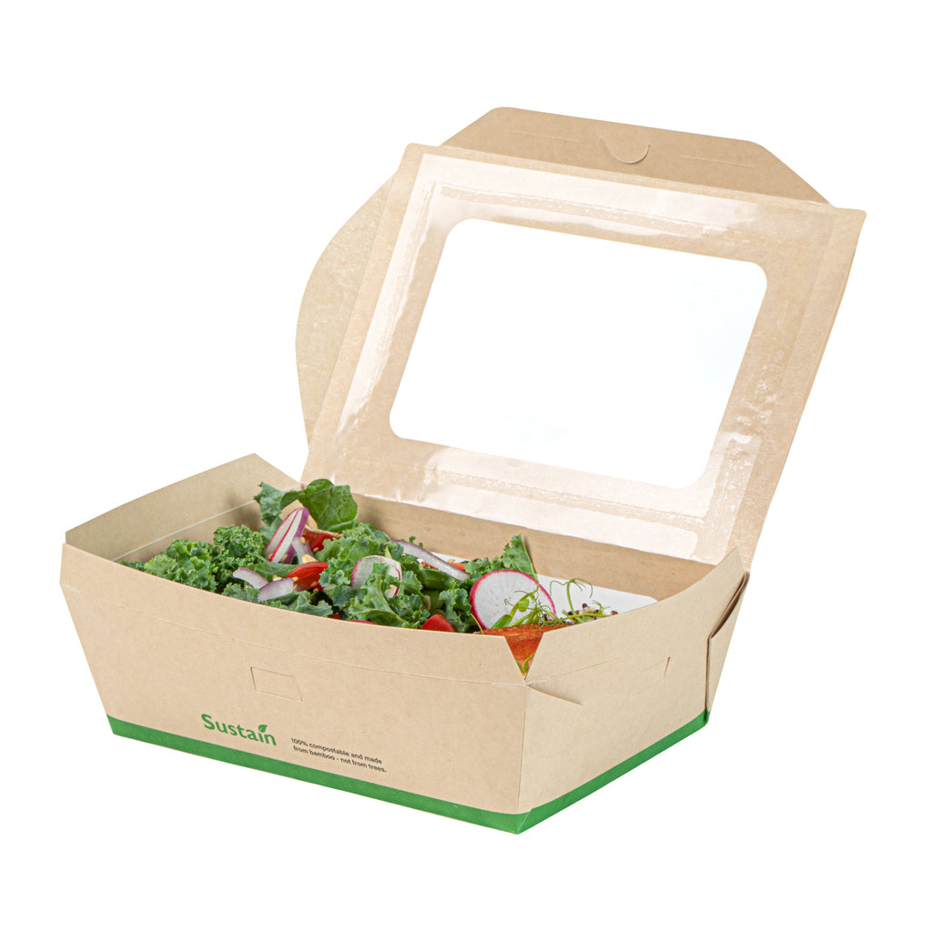 Sustain 57 oz Bamboo Paper Extra Large Bio Take Out Container - with PLA Lining, Windows, Compostable - 8" x 5 1/2" x 2 1/2" - 50 count box