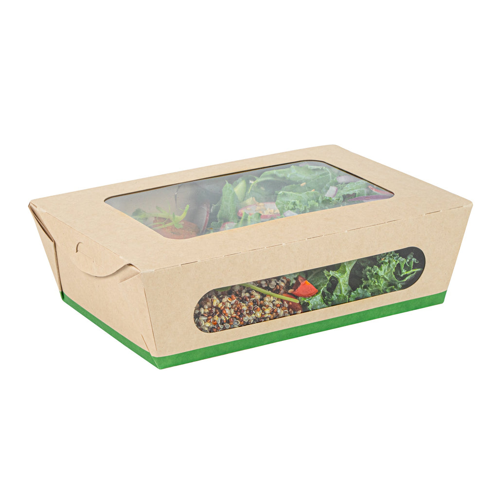 Sustain 57 oz Bamboo Paper Extra Large Bio Take Out Container - with PLA Lining, Windows, Compostable - 8" x 5 1/2" x 2 1/2" - 50 count box