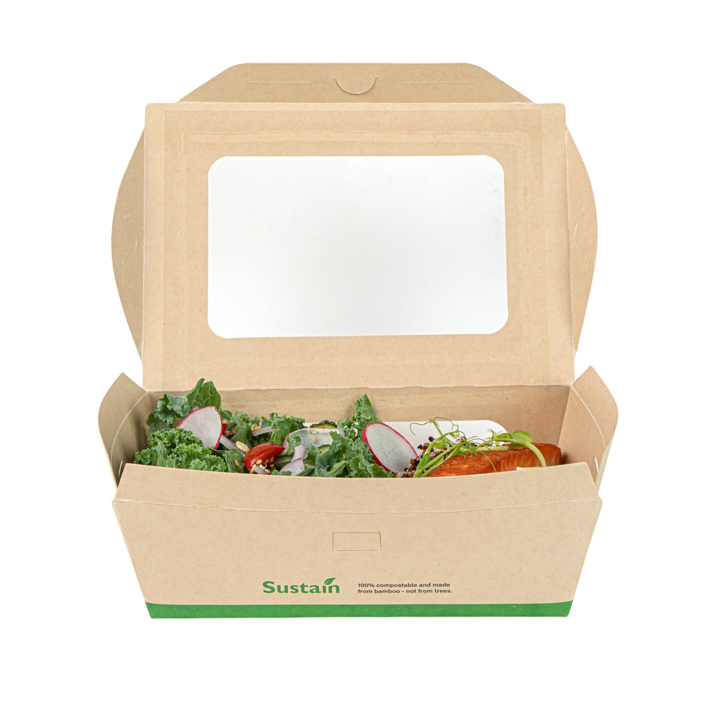 Sustain 57 oz Bamboo Paper Extra Large Bio Take Out Container - with PLA Lining, Windows, Compostable - 8" x 5 1/2" x 2 1/2" - 50 count box