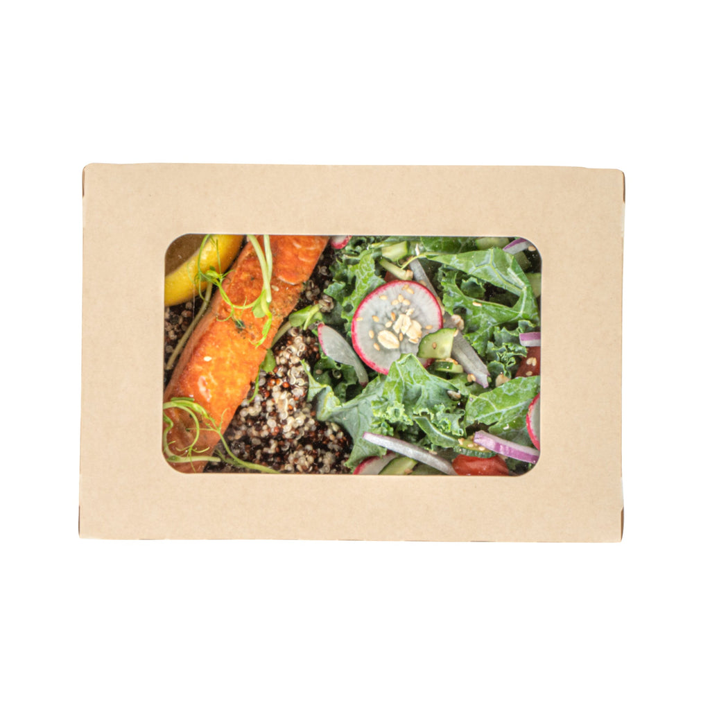 Sustain 57 oz Bamboo Paper Extra Large Bio Take Out Container - with PLA Lining, Windows, Compostable - 8" x 5 1/2" x 2 1/2" - 50 count box