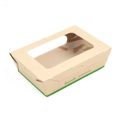 Sustain 57 oz Bamboo Paper Extra Large Bio Take Out Container - with PLA Lining, Windows, Compostable - 8" x 5 1/2" x 2 1/2" - 50 count box