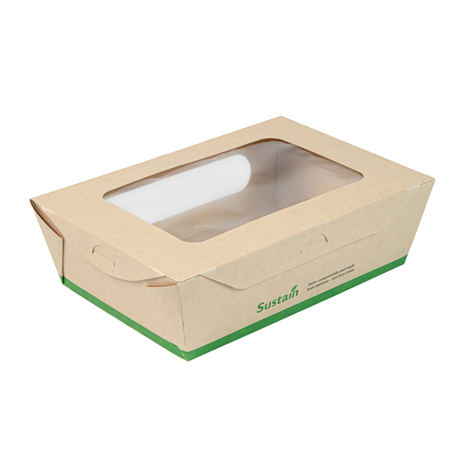 Sustain 57 oz Bamboo Paper Extra Large Bio Take Out Container - with PLA Lining, Windows, Compostable - 8" x 5 1/2" x 2 1/2" - 50 count box