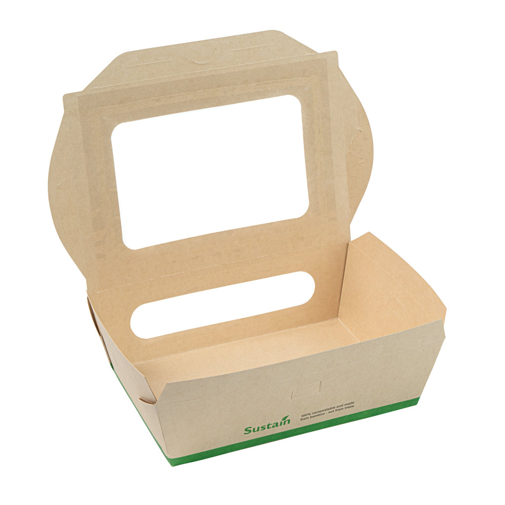 Sustain 57 oz Bamboo Paper Extra Large Bio Take Out Container - with PLA Lining, Windows, Compostable - 8" x 5 1/2" x 2 1/2" - 50 count box