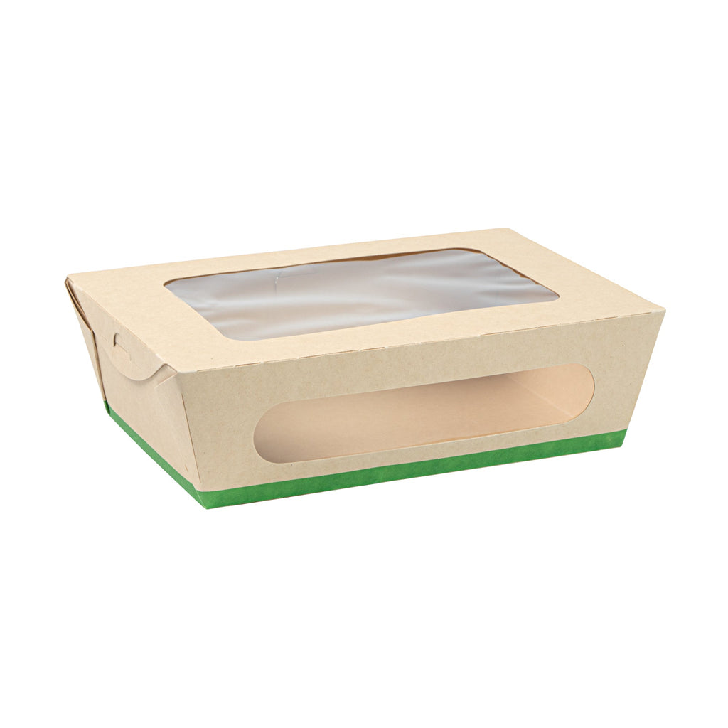 Sustain 57 oz Bamboo Paper Extra Large Bio Take Out Container - with PLA Lining, Windows, Compostable - 8" x 5 1/2" x 2 1/2" - 50 count box
