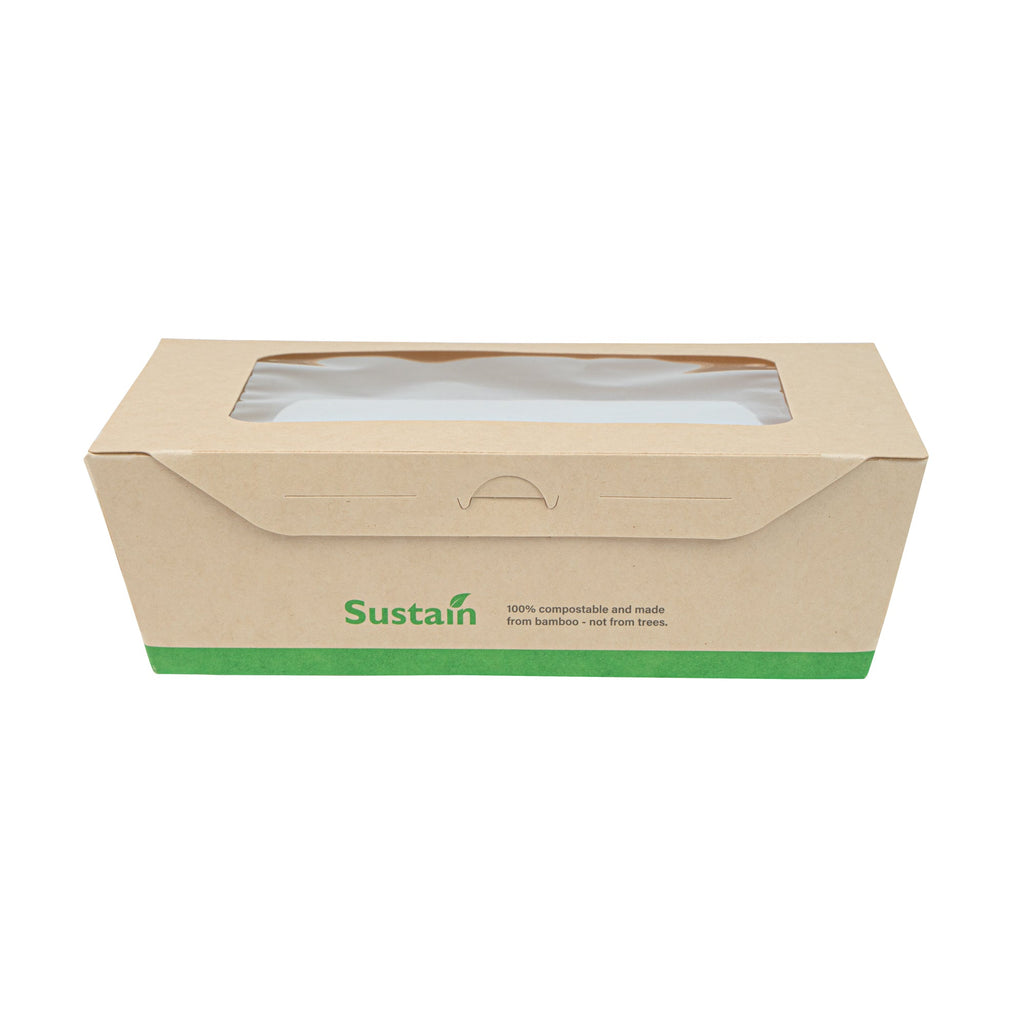 Sustain 57 oz Bamboo Paper Extra Large Bio Take Out Container - with PLA Lining, Windows, Compostable - 8" x 5 1/2" x 2 1/2" - 50 count box
