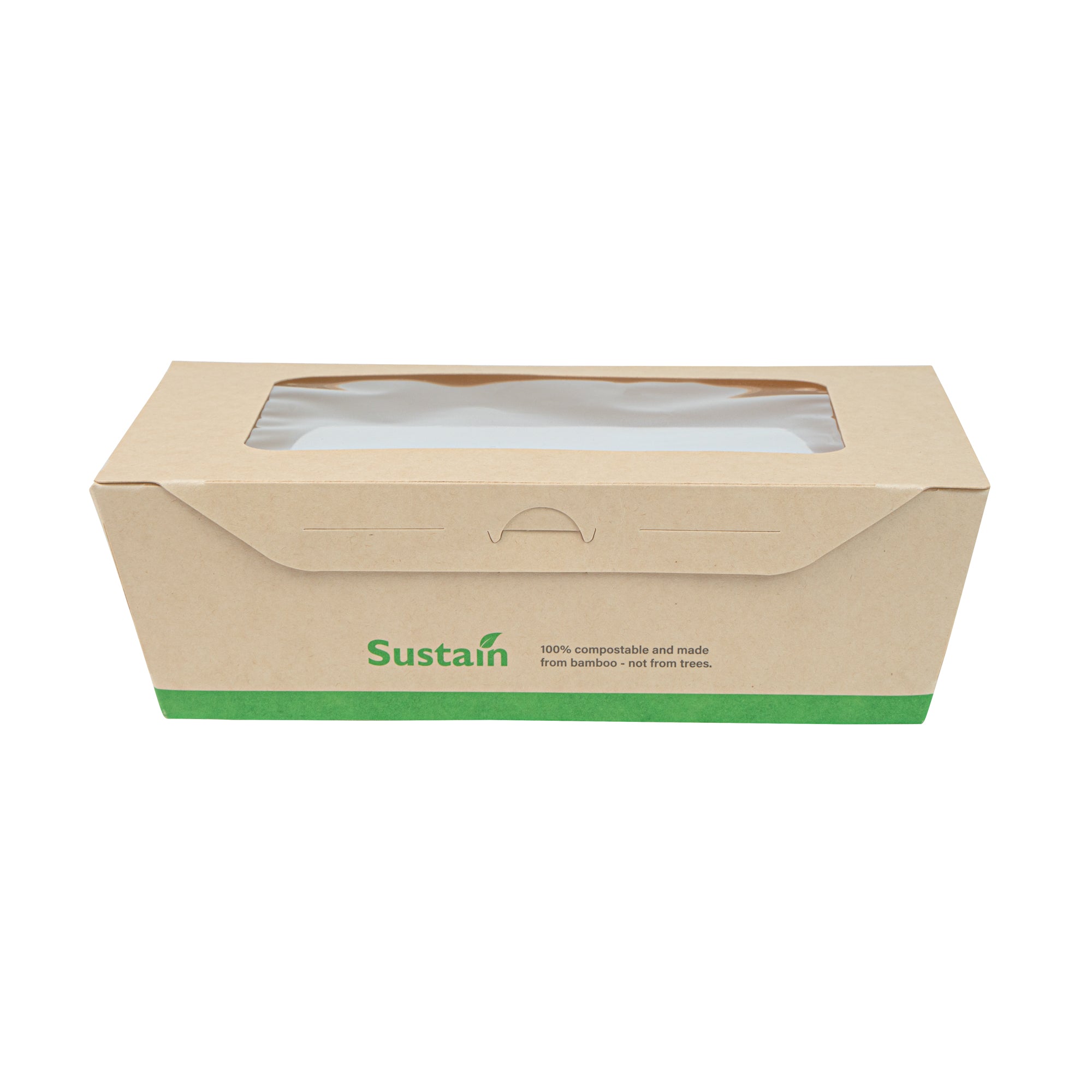 Sustain 57 oz Bamboo Paper Extra Large Bio Take Out Container - with PLA Lining, Windows, Compostable - 8" x 5 1/2" x 2 1/2" - 50 count box