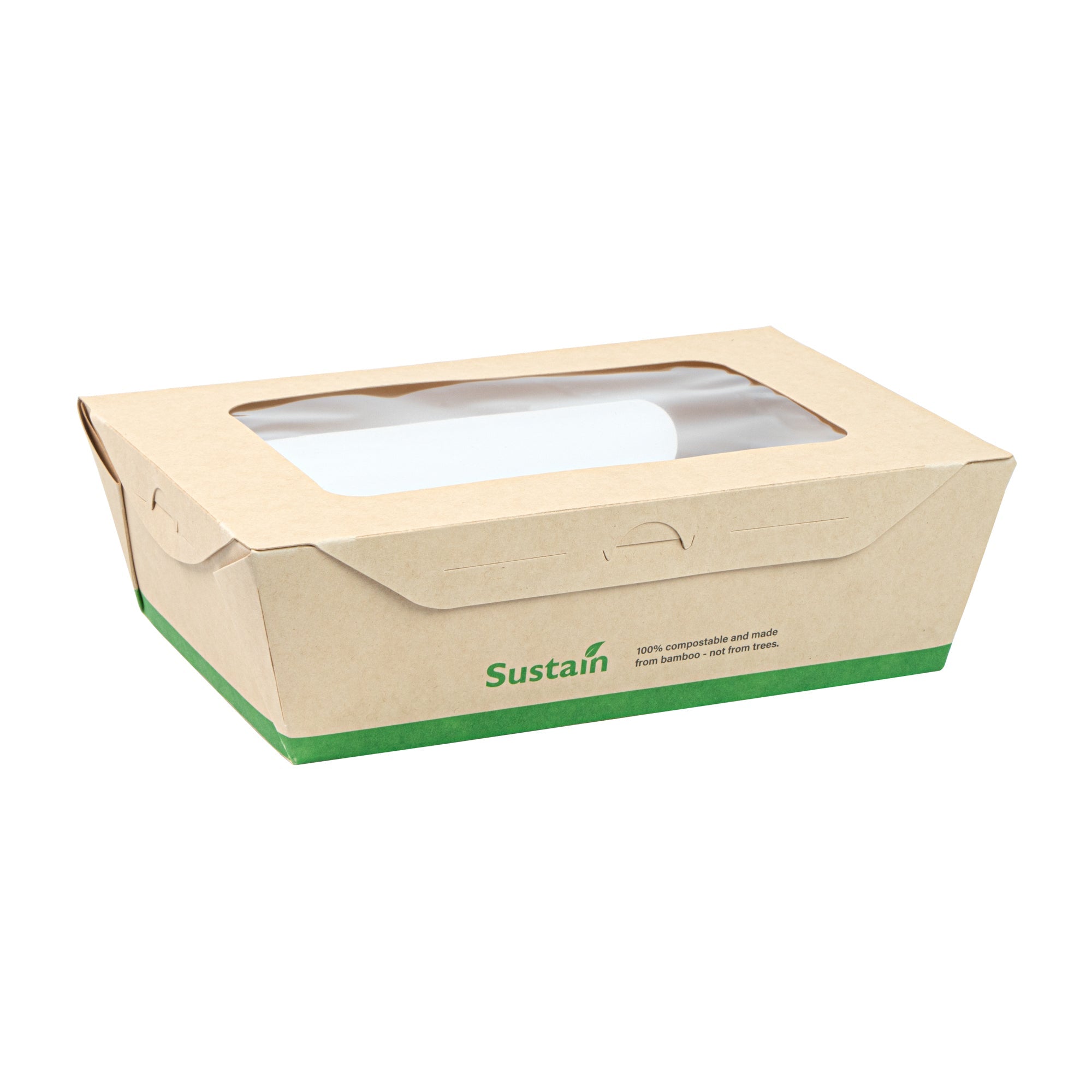 Sustain 57 oz Bamboo Paper Extra Large Bio Take Out Container - with PLA Lining, Windows, Compostable - 8" x 5 1/2" x 2 1/2" - 50 count box