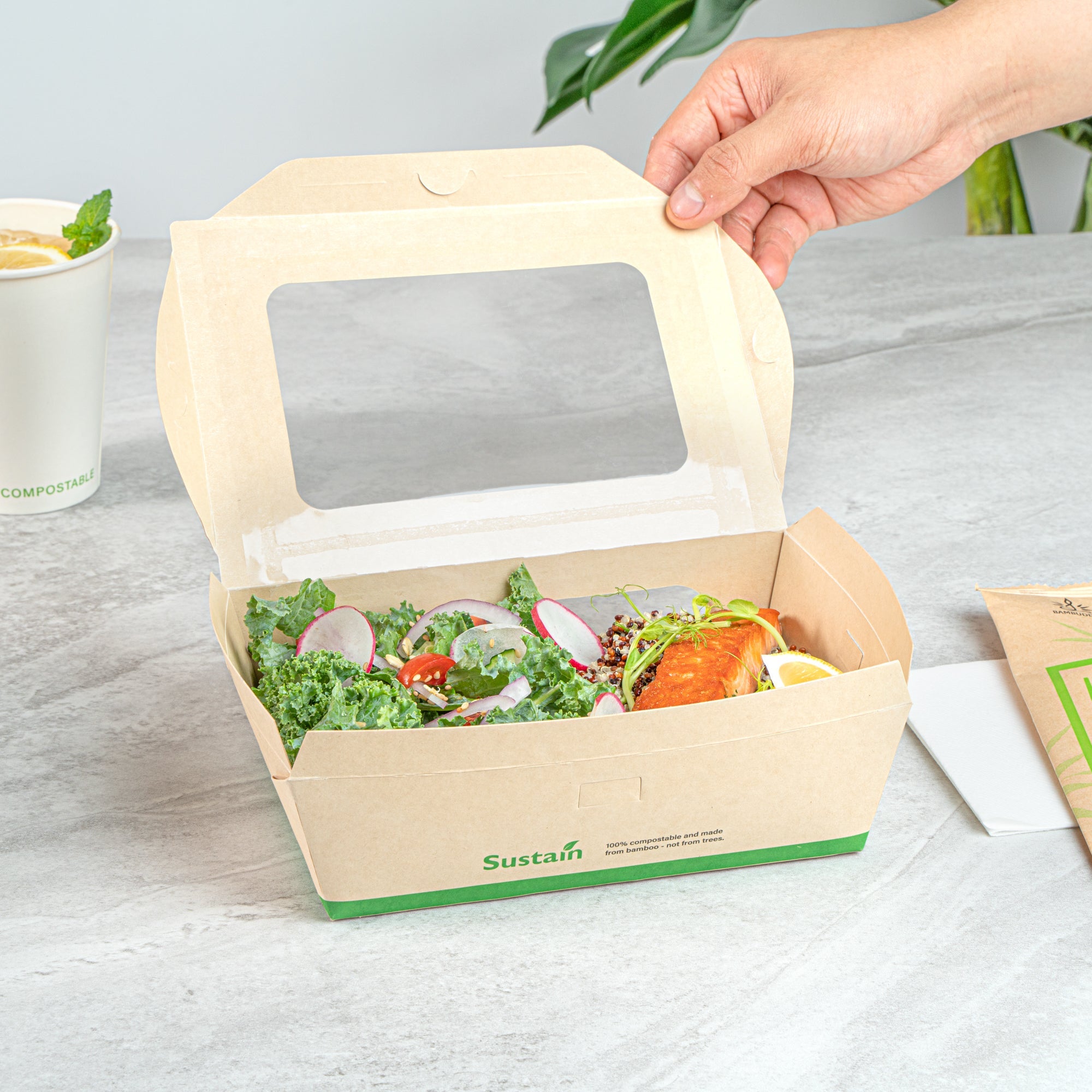 Sustain 57 oz Bamboo Paper Extra Large Bio Take Out Container - with PLA Lining, Windows, Compostable - 8" x 5 1/2" x 2 1/2" - 50 count box