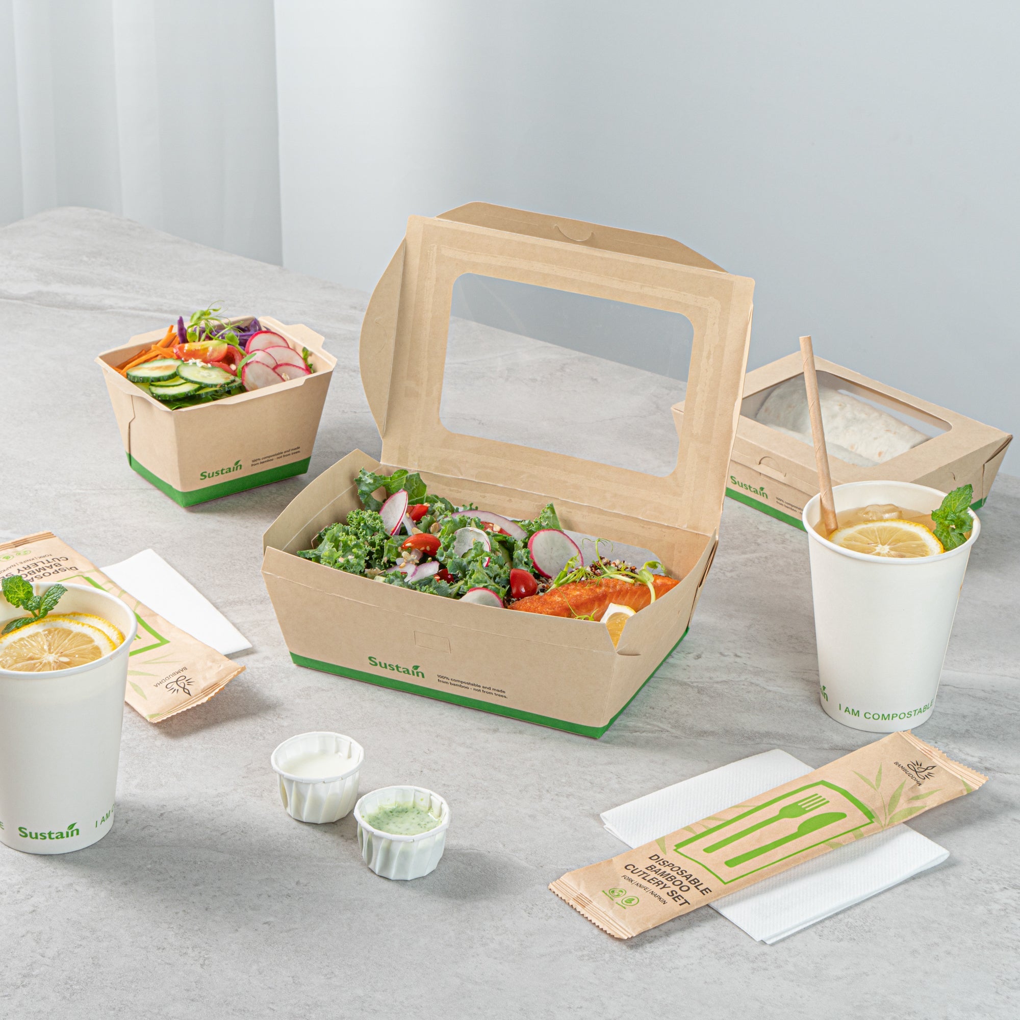 Sustain 57 oz Bamboo Paper Extra Large Bio Take Out Container - with PLA Lining, Windows, Compostable - 8" x 5 1/2" x 2 1/2" - 50 count box