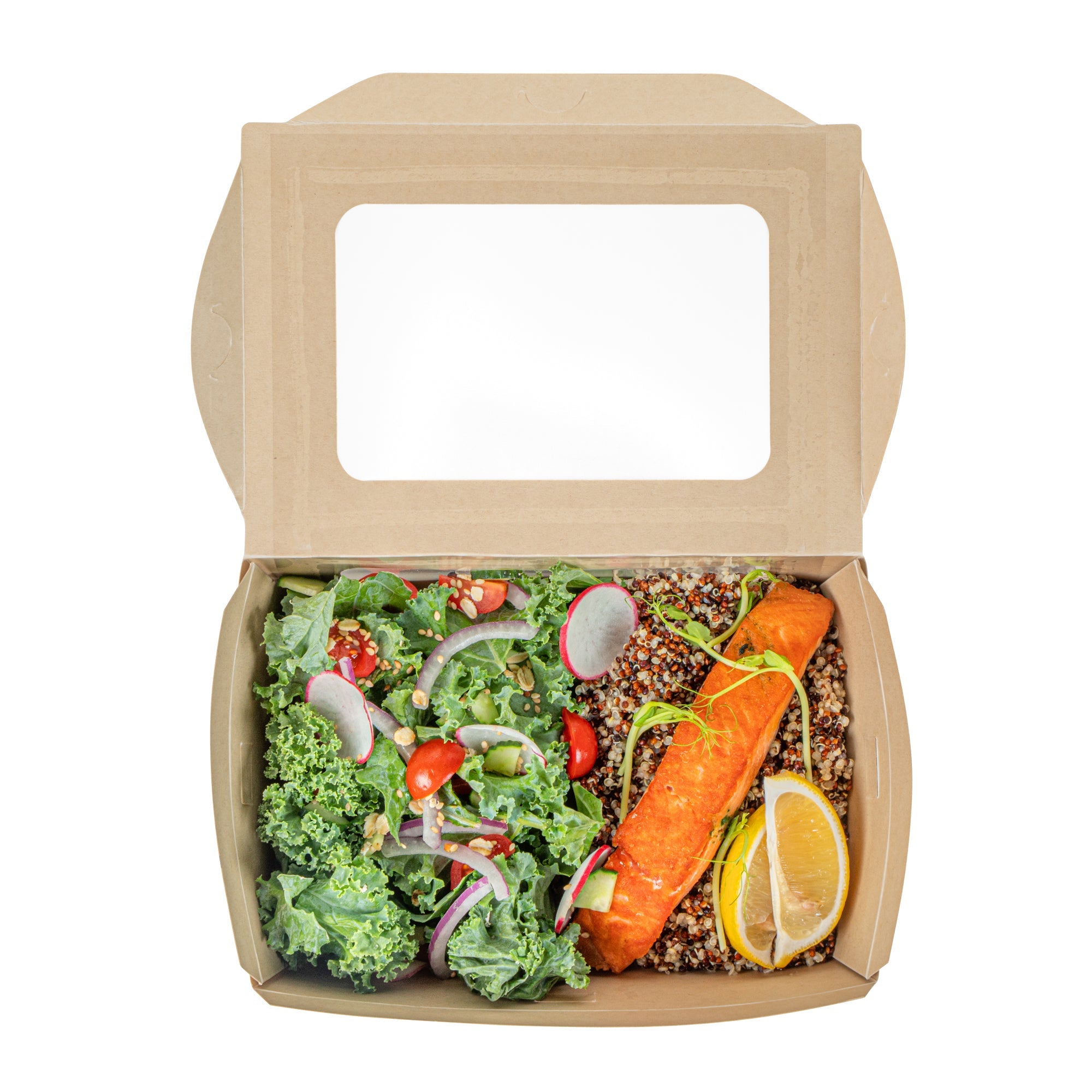 Sustain 57 oz Bamboo Paper Extra Large Bio Take Out Container - with PLA Lining, Windows, Compostable - 8" x 5 1/2" x 2 1/2" - 200 count box