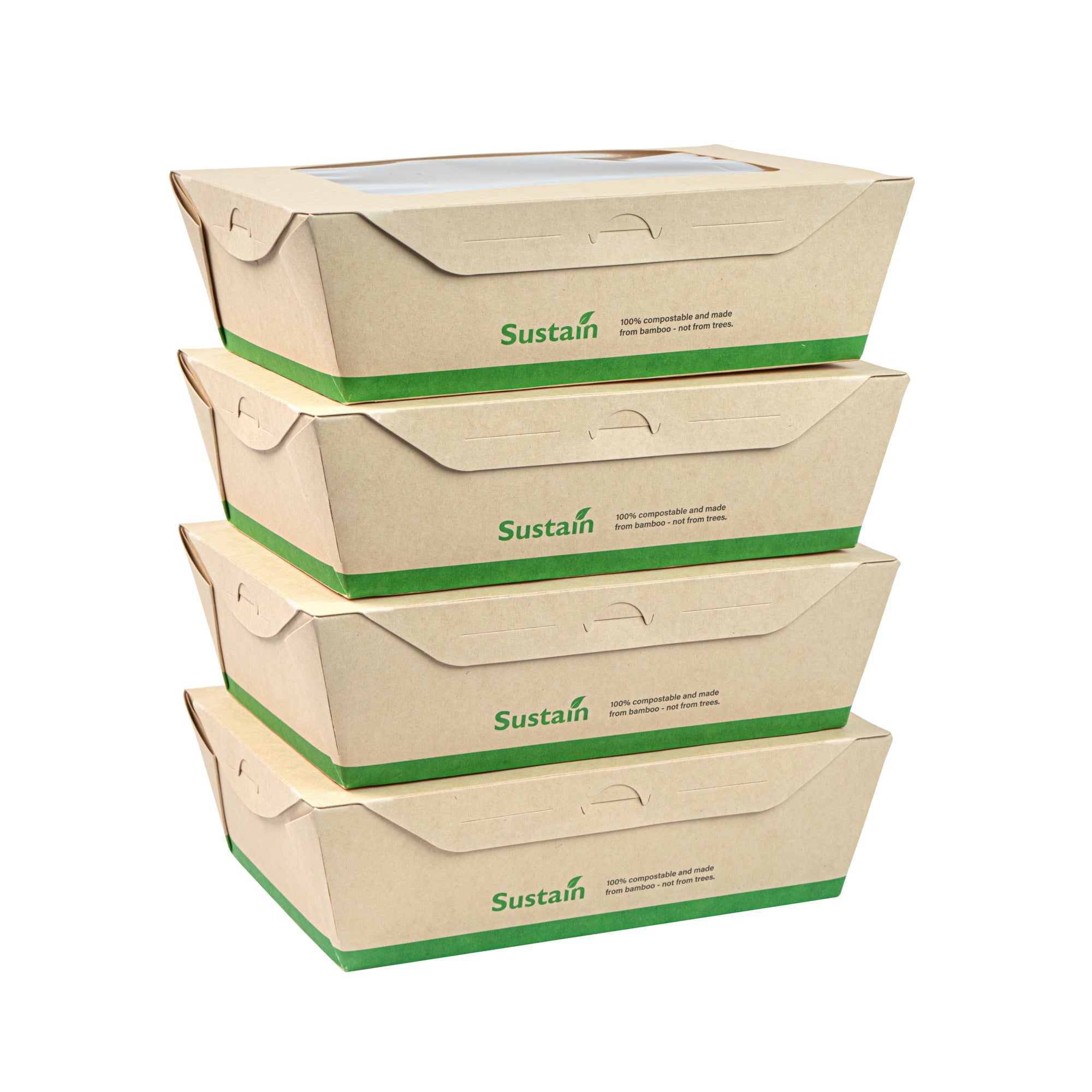 Sustain 57 oz Bamboo Paper Extra Large Bio Take Out Container - with PLA Lining, Windows, Compostable - 8" x 5 1/2" x 2 1/2" - 200 count box