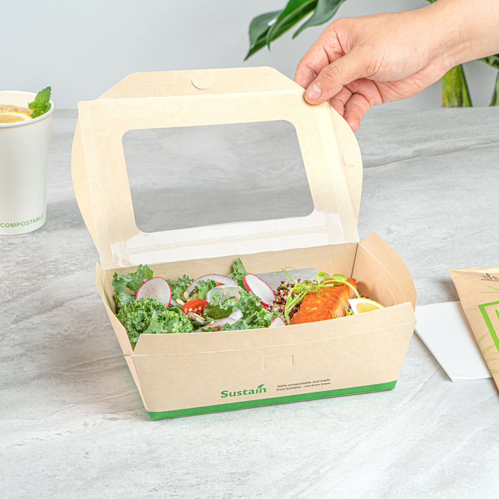 Sustain 57 oz Bamboo Paper Extra Large Bio Take Out Container - with PLA Lining, Windows, Compostable - 8" x 5 1/2" x 2 1/2" - 200 count box