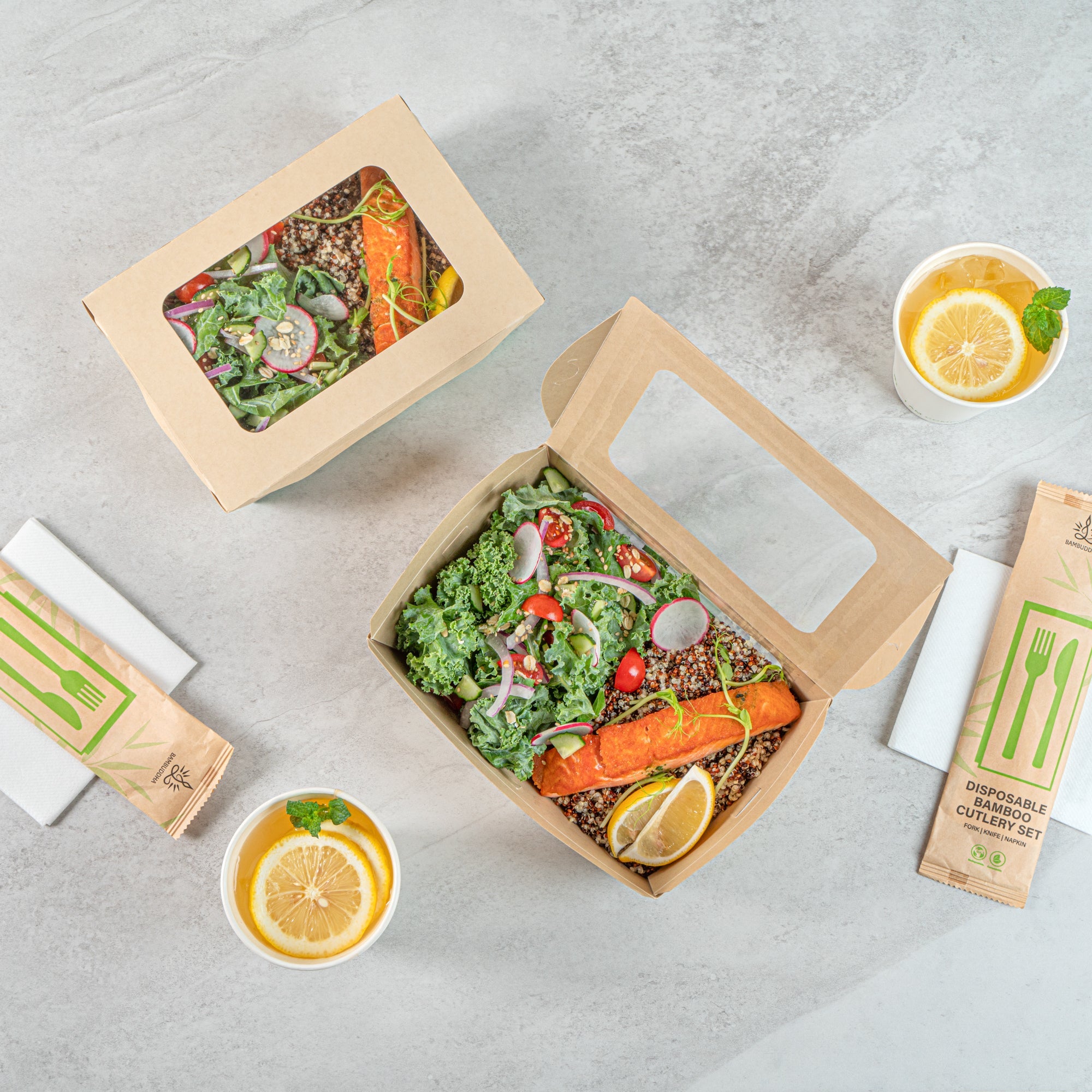 Sustain 57 oz Bamboo Paper Extra Large Bio Take Out Container - with PLA Lining, Windows, Compostable - 8" x 5 1/2" x 2 1/2" - 200 count box