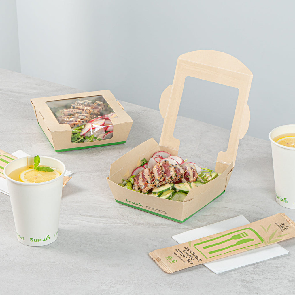 Sustain 26 oz Bamboo Paper Medium Bio Salad Box - with PLA Lining and Window, Compostable - 5 3/4" x 5 3/4" x 1 3/4" - 200 count box