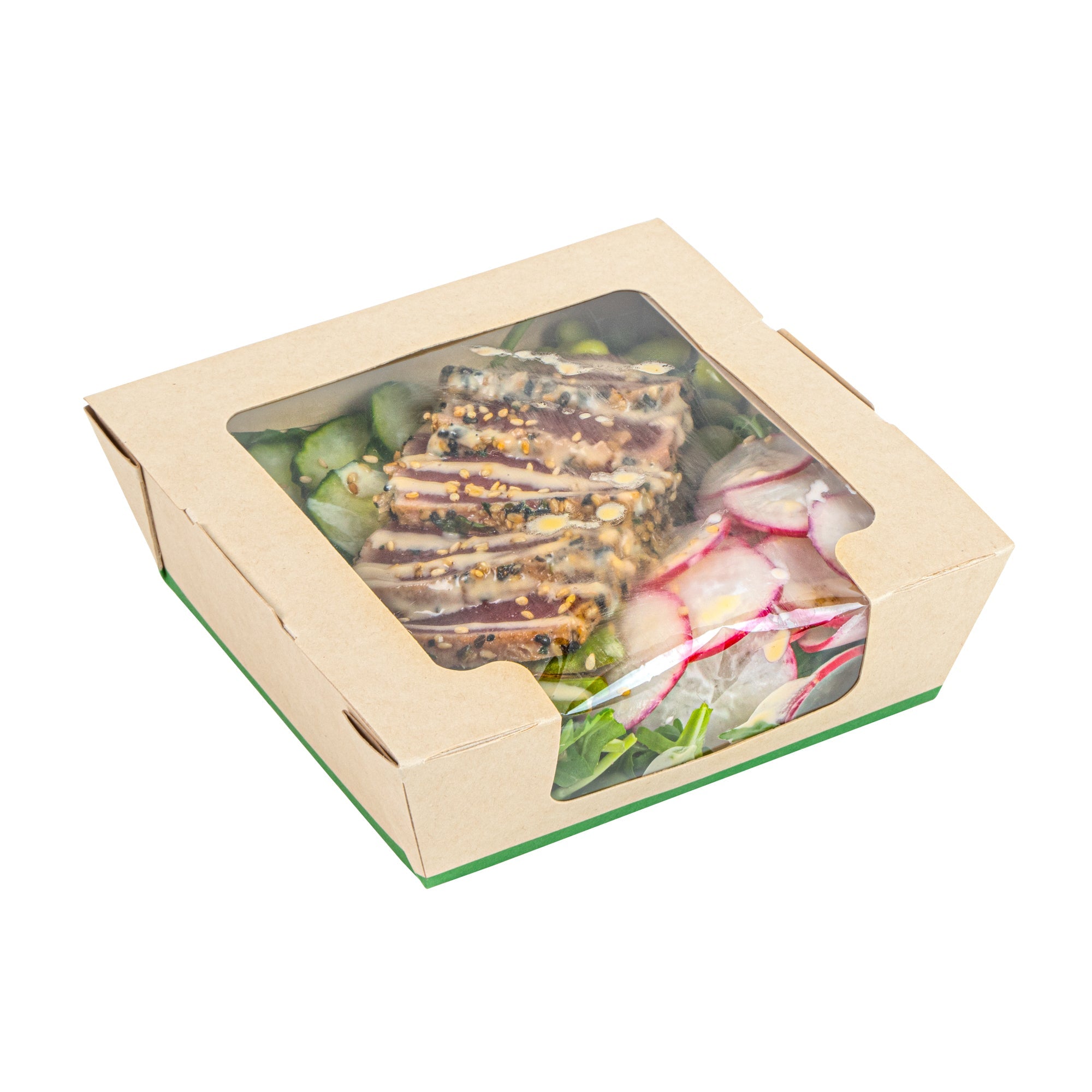 Sustain 26 oz Bamboo Paper Medium Bio Salad Box - with PLA Lining and Window, Compostable - 5 3/4" x 5 3/4" x 1 3/4" - 50 count box