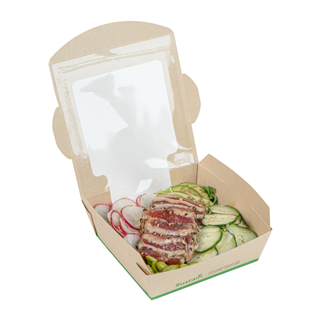 Sustain 26 oz Bamboo Paper Medium Bio Salad Box - with PLA Lining and Window, Compostable - 5 3/4" x 5 3/4" x 1 3/4" - 50 count box