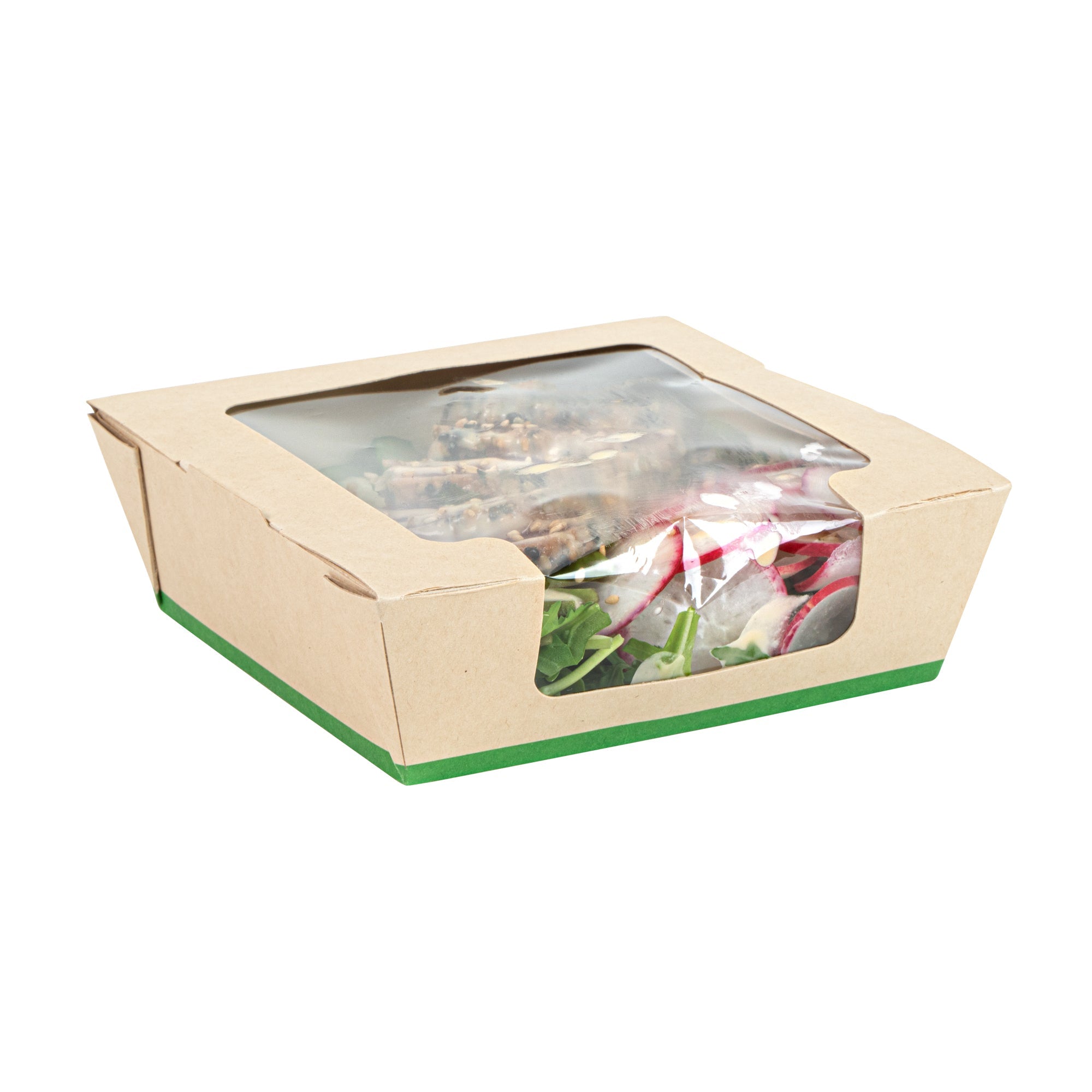 Sustain 26 oz Bamboo Paper Medium Bio Salad Box - with PLA Lining and Window, Compostable - 5 3/4" x 5 3/4" x 1 3/4" - 50 count box