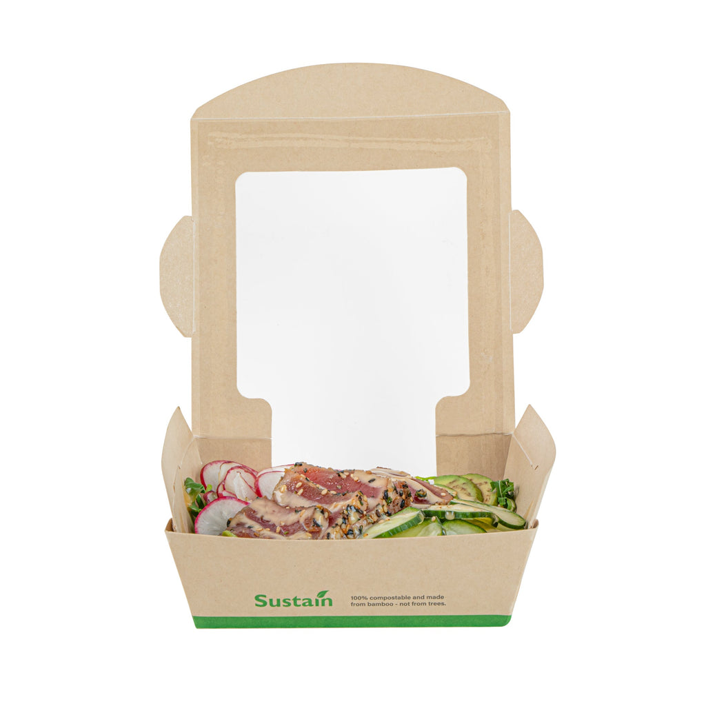Sustain 26 oz Bamboo Paper Medium Bio Salad Box - with PLA Lining and Window, Compostable - 5 3/4" x 5 3/4" x 1 3/4" - 50 count box