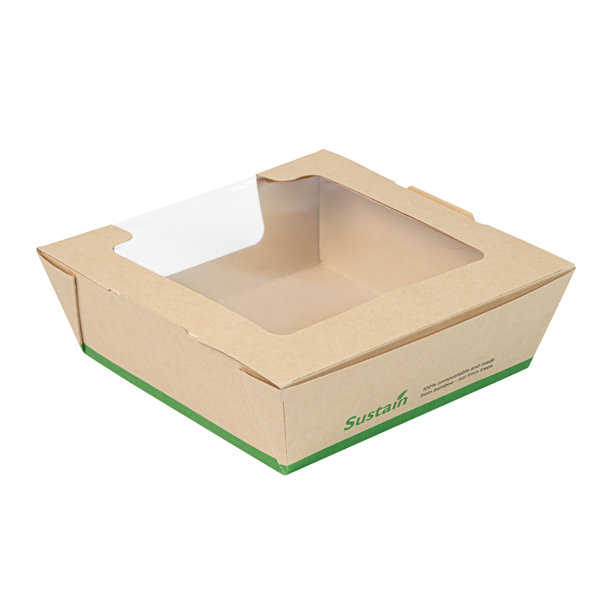 Sustain 26 oz Bamboo Paper Medium Bio Salad Box - with PLA Lining and Window, Compostable - 5 3/4" x 5 3/4" x 1 3/4" - 50 count box