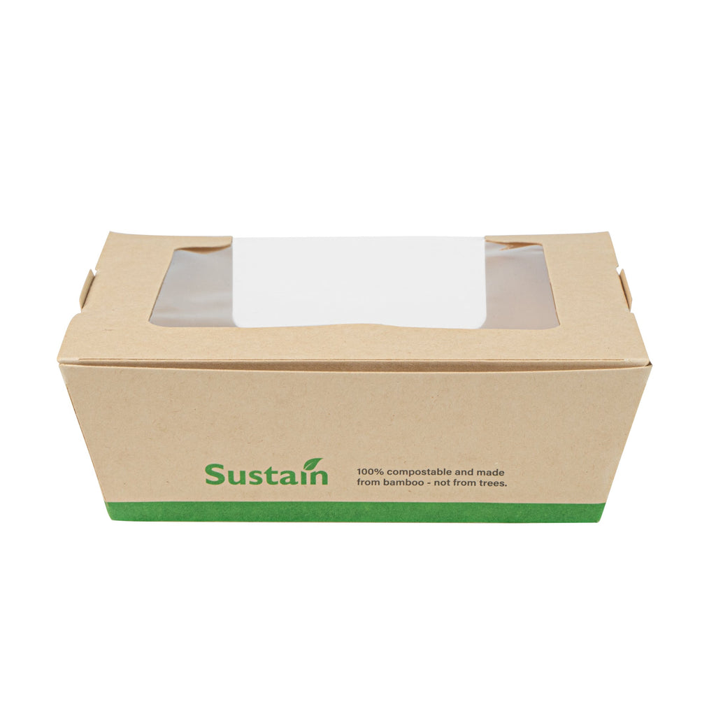 Sustain 26 oz Bamboo Paper Medium Bio Salad Box - with PLA Lining and Window, Compostable - 5 3/4" x 5 3/4" x 1 3/4" - 50 count box