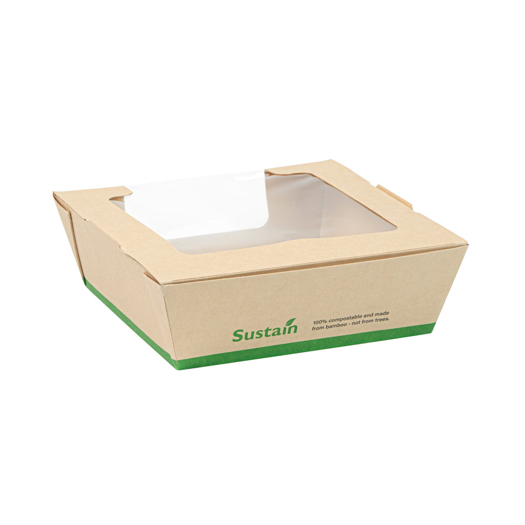Sustain 26 oz Bamboo Paper Medium Bio Salad Box - with PLA Lining and Window, Compostable - 5 3/4" x 5 3/4" x 1 3/4" - 50 count box