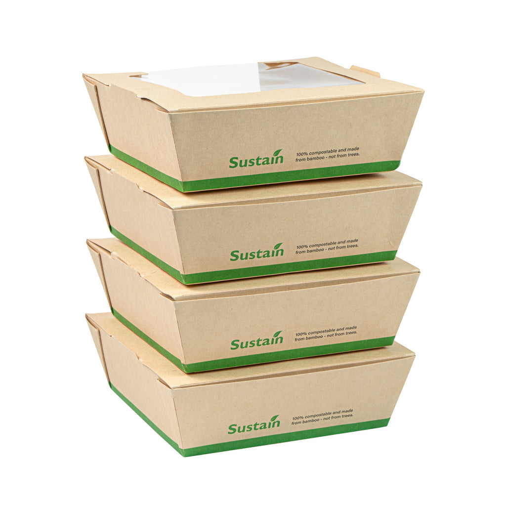 Sustain 26 oz Bamboo Paper Medium Bio Salad Box - with PLA Lining and Window, Compostable - 5 3/4" x 5 3/4" x 1 3/4" - 50 count box