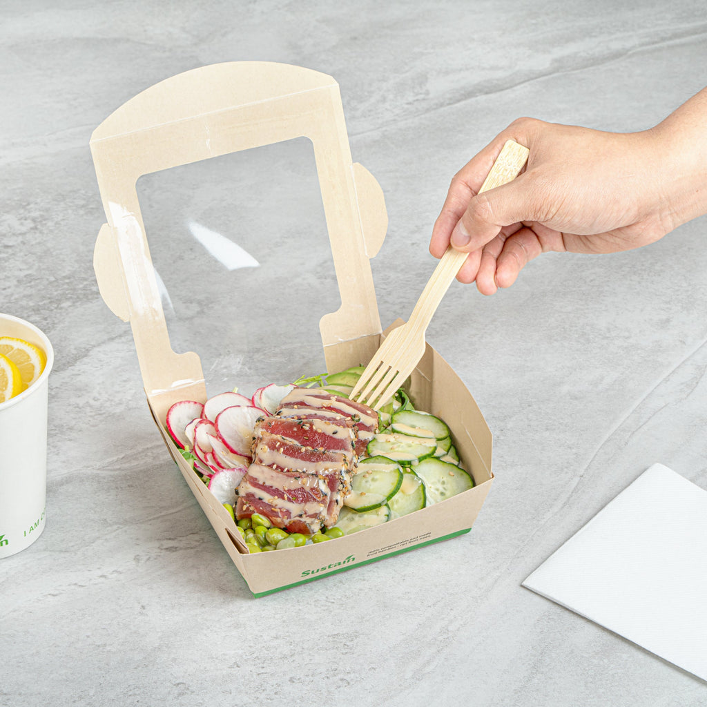 Sustain 26 oz Bamboo Paper Medium Bio Salad Box - with PLA Lining and Window, Compostable - 5 3/4" x 5 3/4" x 1 3/4" - 50 count box