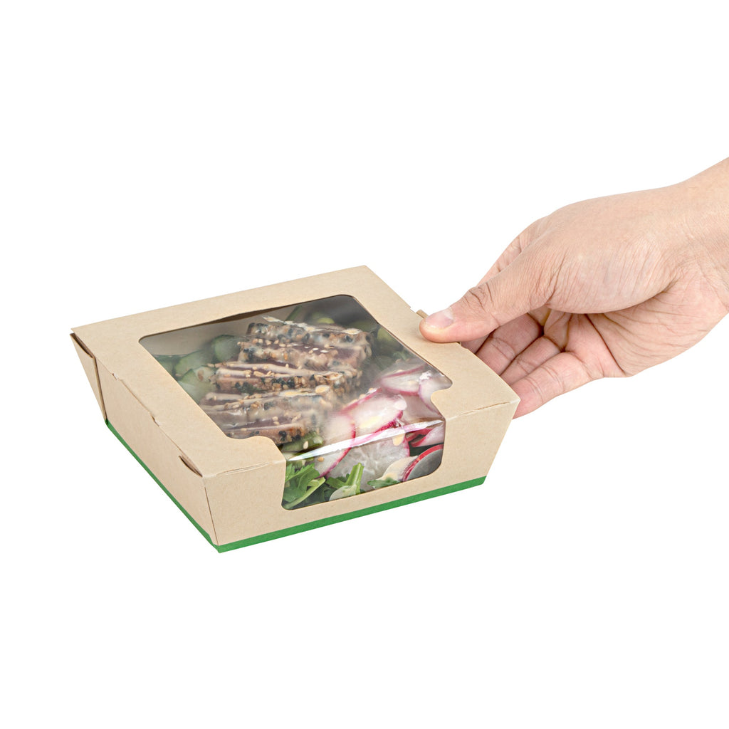 Sustain 26 oz Bamboo Paper Medium Bio Salad Box - with PLA Lining and Window, Compostable - 5 3/4" x 5 3/4" x 1 3/4" - 200 count box