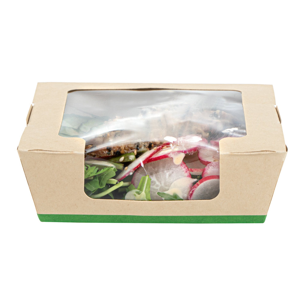 Sustain 26 oz Bamboo Paper Medium Bio Salad Box - with PLA Lining and Window, Compostable - 5 3/4" x 5 3/4" x 1 3/4" - 200 count box