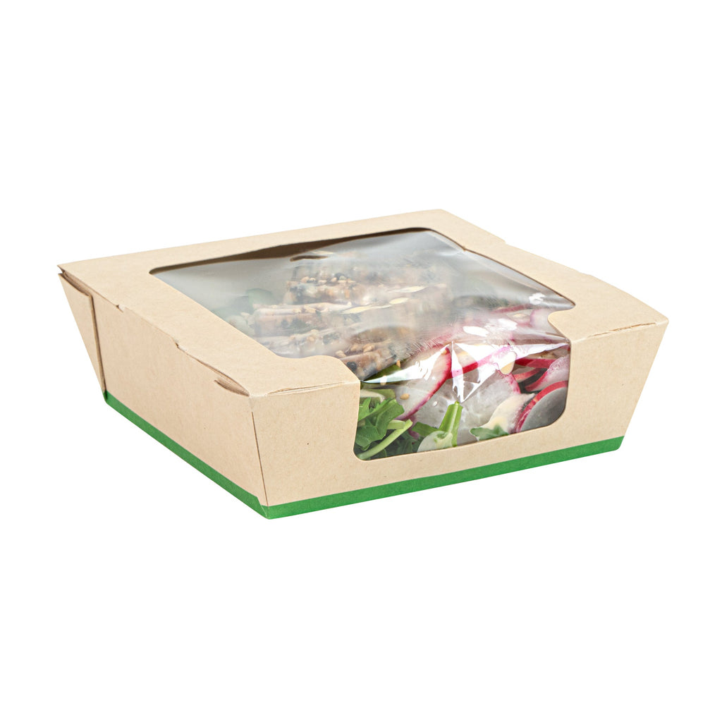 Sustain 26 oz Bamboo Paper Medium Bio Salad Box - with PLA Lining and Window, Compostable - 5 3/4" x 5 3/4" x 1 3/4" - 200 count box