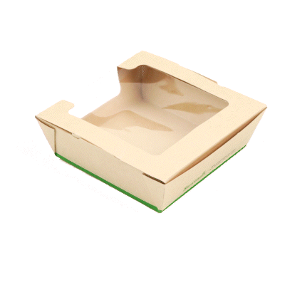 Sustain 26 oz Bamboo Paper Medium Bio Salad Box - with PLA Lining and Window, Compostable - 5 3/4" x 5 3/4" x 1 3/4" - 200 count box