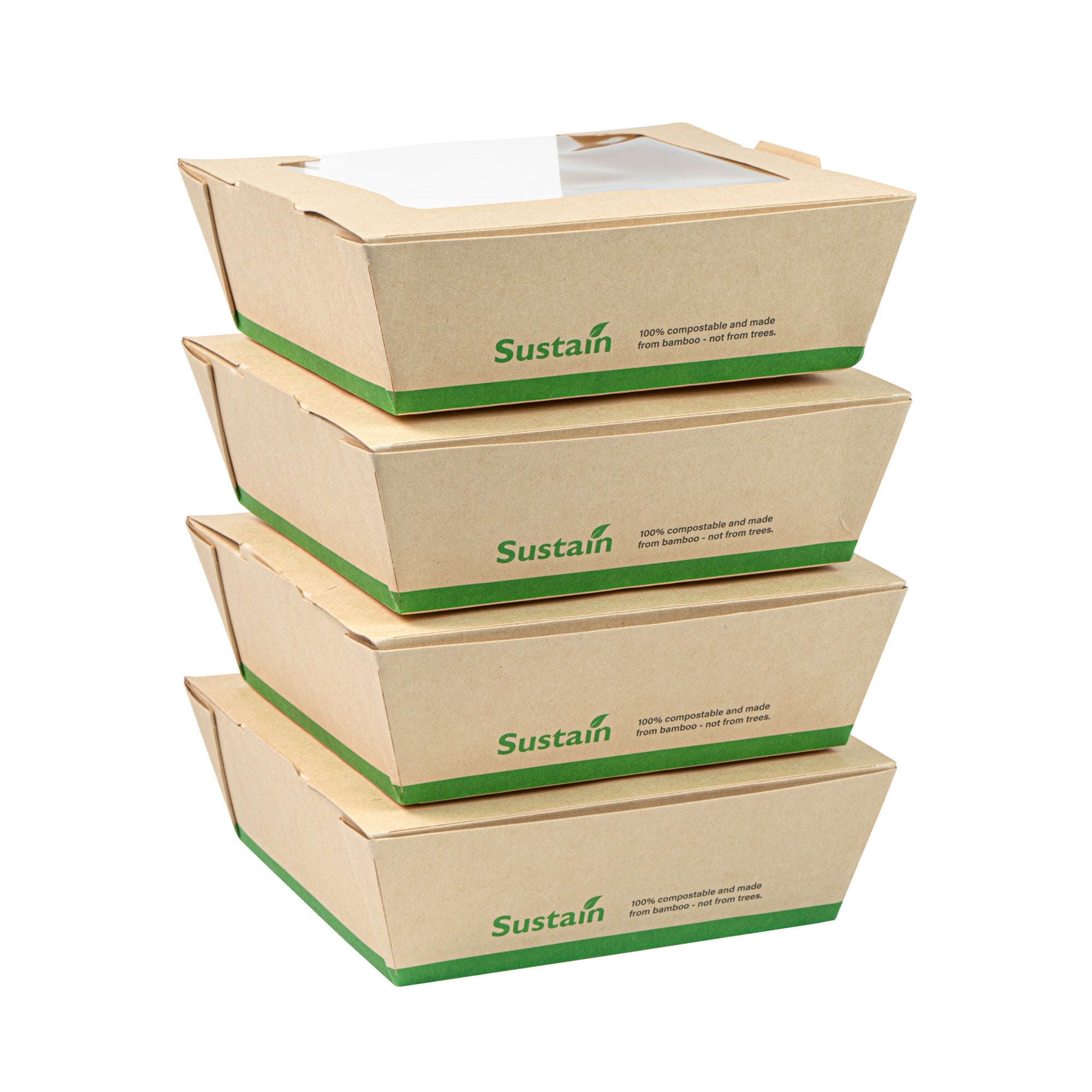 Sustain 26 oz Bamboo Paper Medium Bio Salad Box - with PLA Lining and Window, Compostable - 5 3/4" x 5 3/4" x 1 3/4" - 200 count box