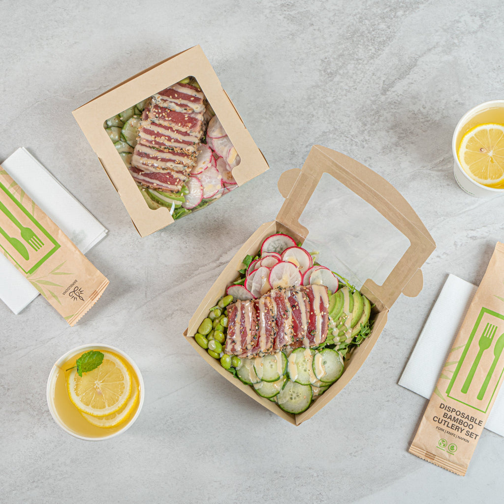 Sustain 26 oz Bamboo Paper Medium Bio Salad Box - with PLA Lining and Window, Compostable - 5 3/4" x 5 3/4" x 1 3/4" - 200 count box